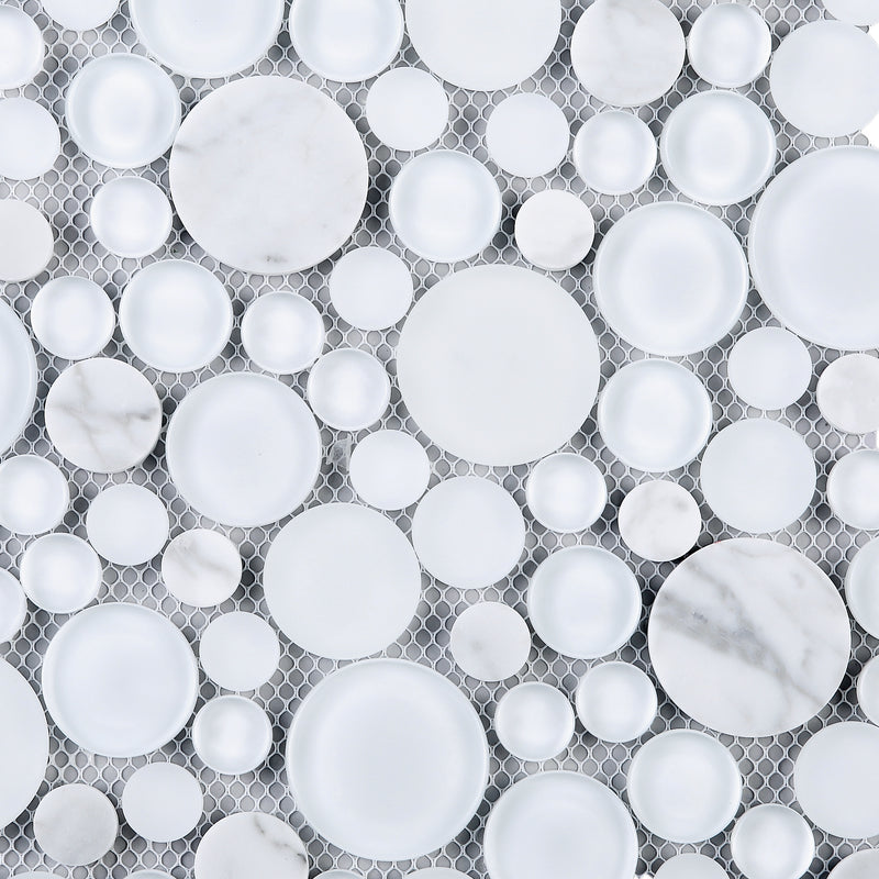 BUBW-02  White Glass And Carrara Bubble Mosaic Tile