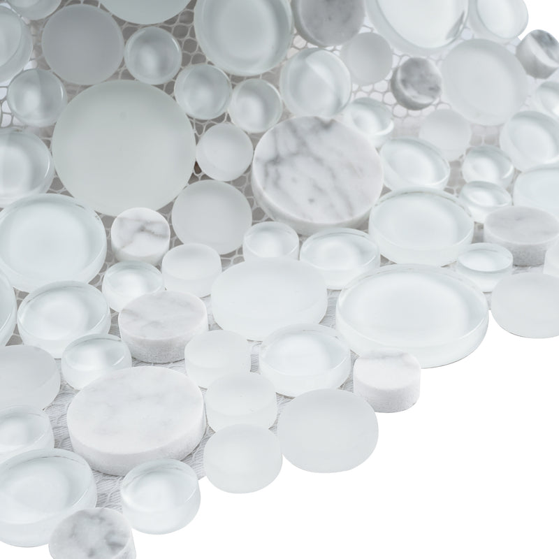 BUBW-02  White Glass And Carrara Bubble Mosaic Tile