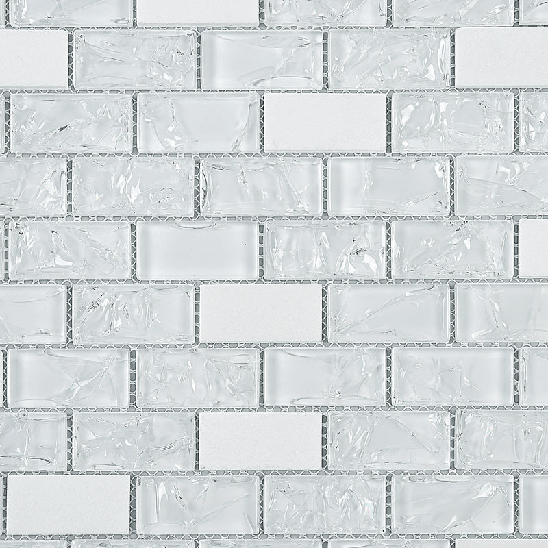 CES-01  Crackle Series - Crushed White Glass & White Marble Mosaic Tile