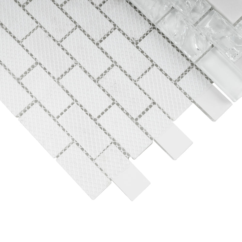CES-01  Crackle Series - Crushed White Glass & White Marble Mosaic Tile