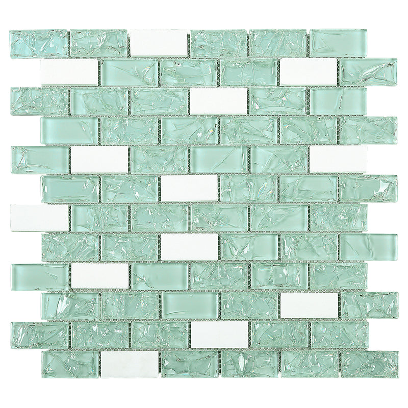 CES-02  Crackle Series - Crushed Green Glass & White Marble Mosaic Tile