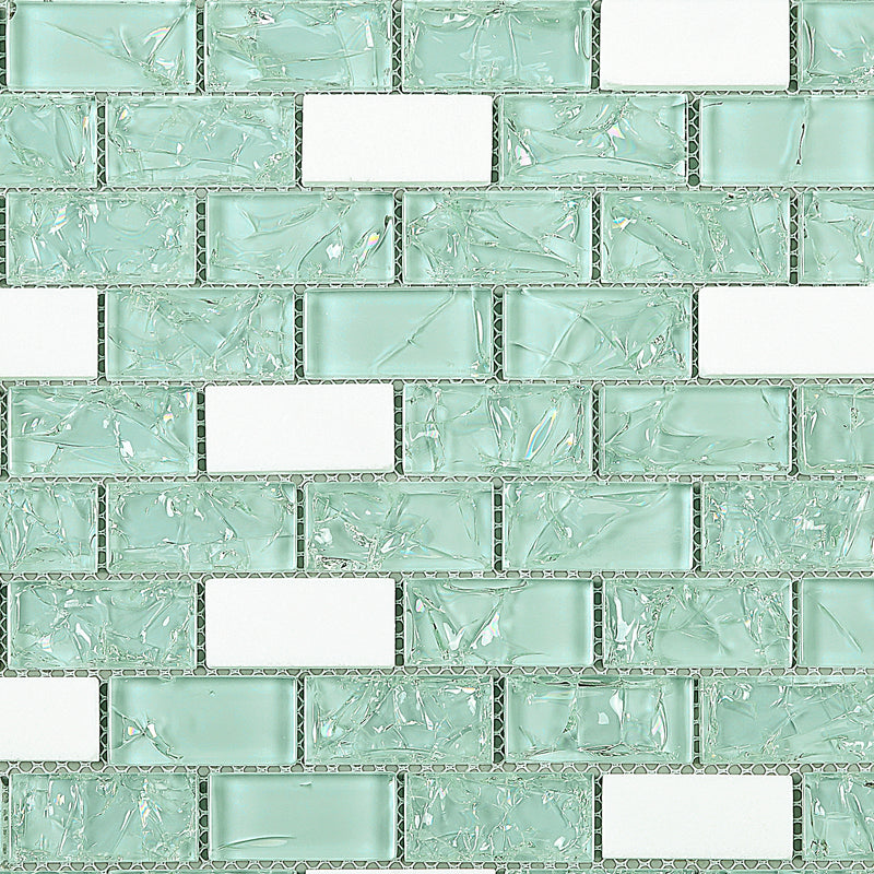 CES-02  Crackle Series - Crushed Green Glass & White Marble Mosaic Tile