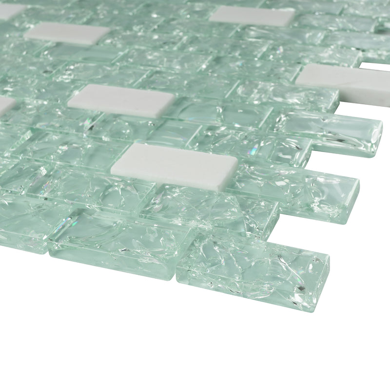 CES-02  Crackle Series - Crushed Green Glass & White Marble Mosaic Tile