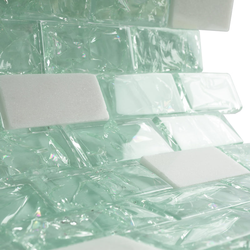 CES-02  Crackle Series - Crushed Green Glass & White Marble Mosaic Tile