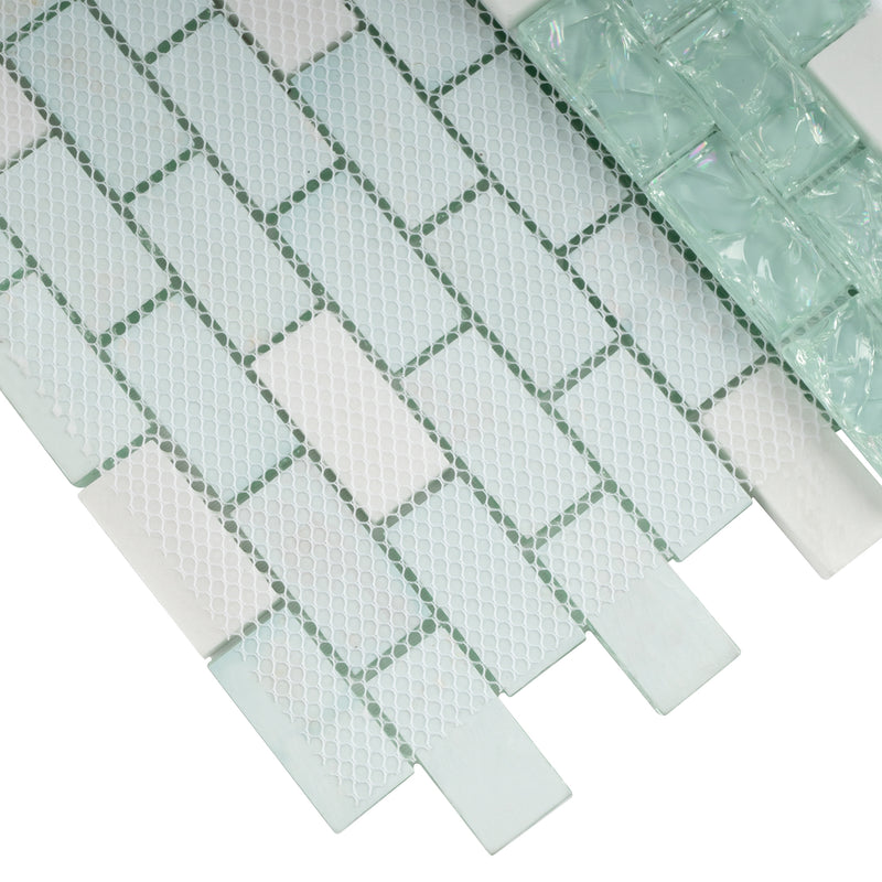 CES-02  Crackle Series - Crushed Green Glass & White Marble Mosaic Tile