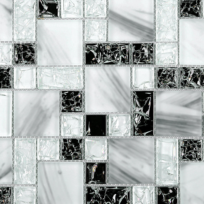 CES-03  Crackle Series - Ink White & Black Glass Mosaic Tile