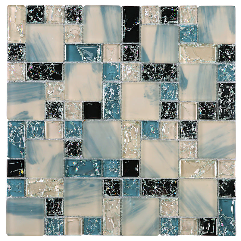 CES-04  Crackle Series - Ink Blue & White & Black Glass Mosaic Tile
