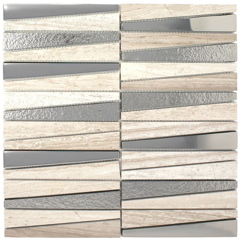 DL-01   Irregular Triangle Wooden Beige Marble And Silver Glass Mosaic Tile