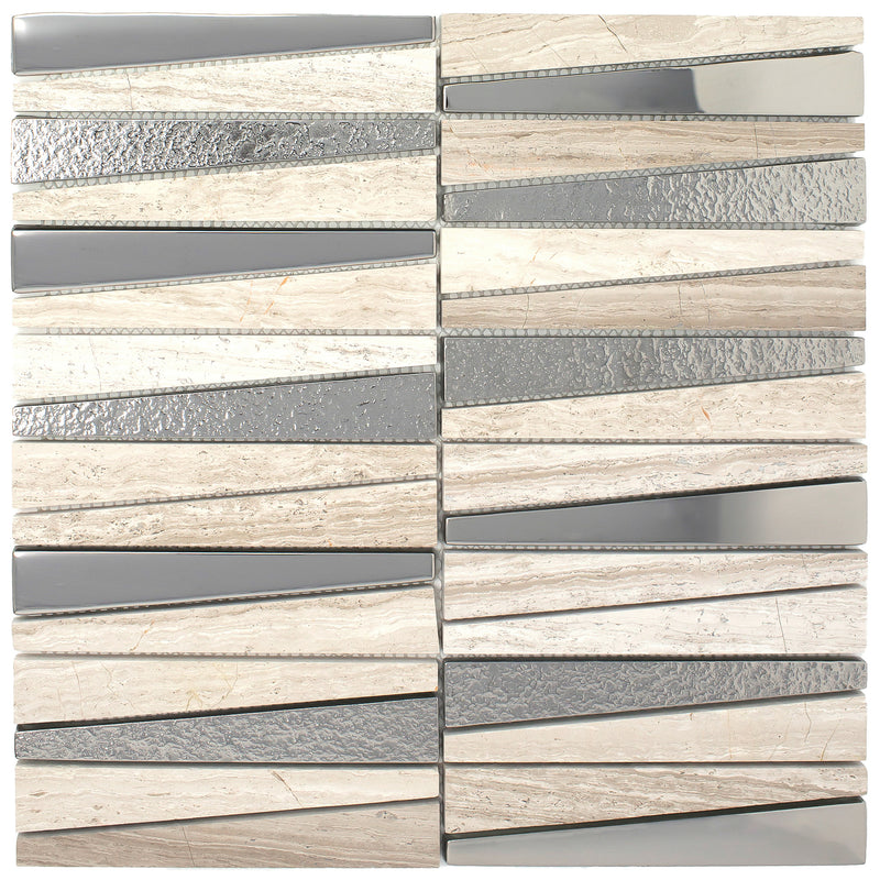 DL-01   Irregular Triangle Wooden Beige Marble And Silver Glass Mosaic Tile