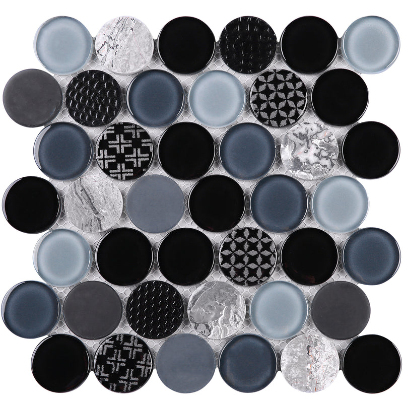 FUDO-02  Exterior Circle - Grey Stone With Black & Grey Glass Mosaic Tile