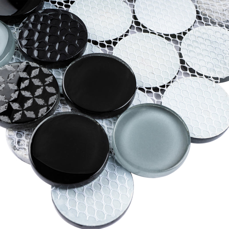 FUDO-02  Exterior Circle - Grey Stone With Black & Grey Glass Mosaic Tile