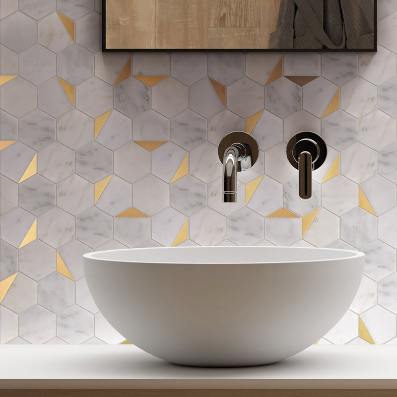 NBG-01  Natural Bianco Series - 3" Orion Hexagon White And Gold  Marble Mosaic Tile