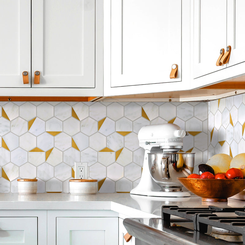 NBG-01  Natural Bianco Series - 3" Orion Hexagon White And Gold  Marble Mosaic Tile