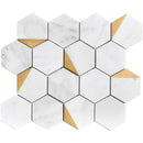 NBG-01  Natural Bianco Series - 3" Orion Hexagon White And Gold  Marble Mosaic Tile