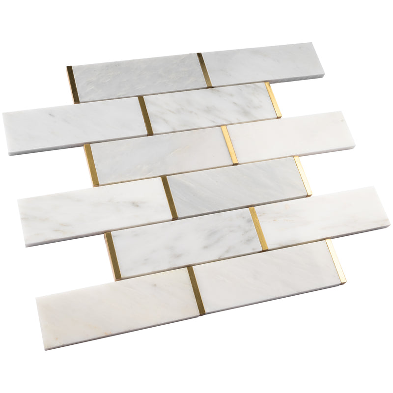 NBG-02  Natural Bianco Series - 2"X 6" Subway Tile White And Gold  Marble Mosaic Tile