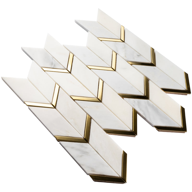 NBG-03  Natural Bianco Series - Chevron White And Gold  Marble Mosaic Tile