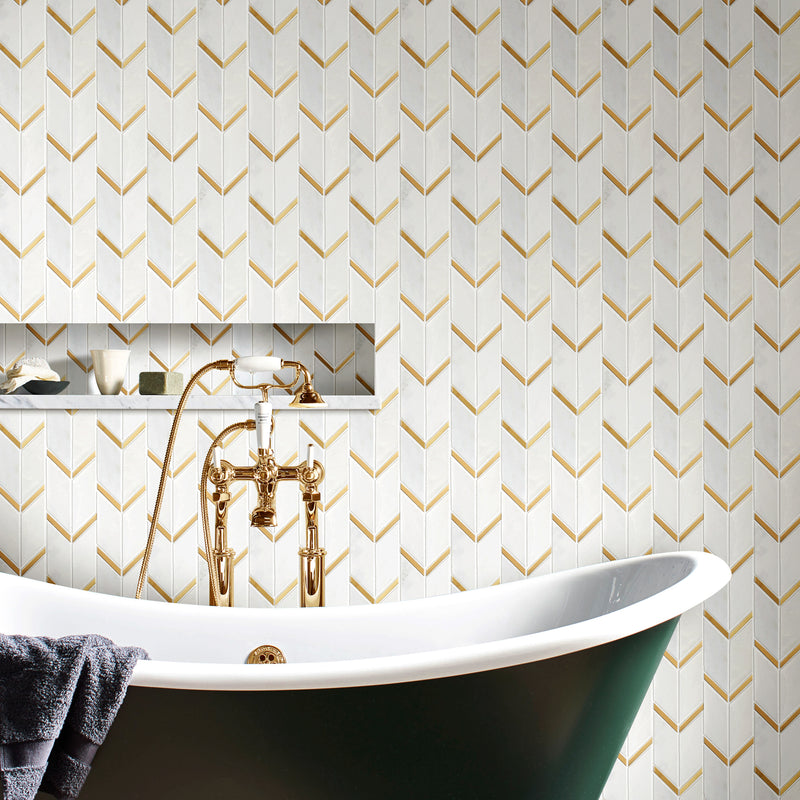 NBG-03  Natural Bianco Series - Chevron White And Gold  Marble Mosaic Tile