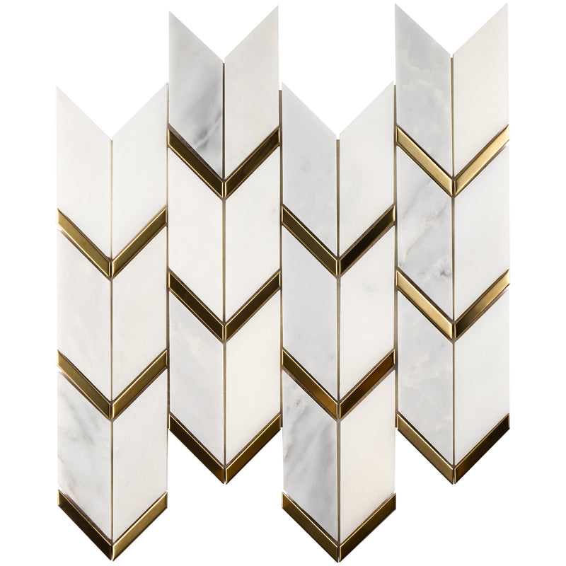 NBG-03  Natural Bianco Series - Chevron White And Gold  Marble Mosaic Tile