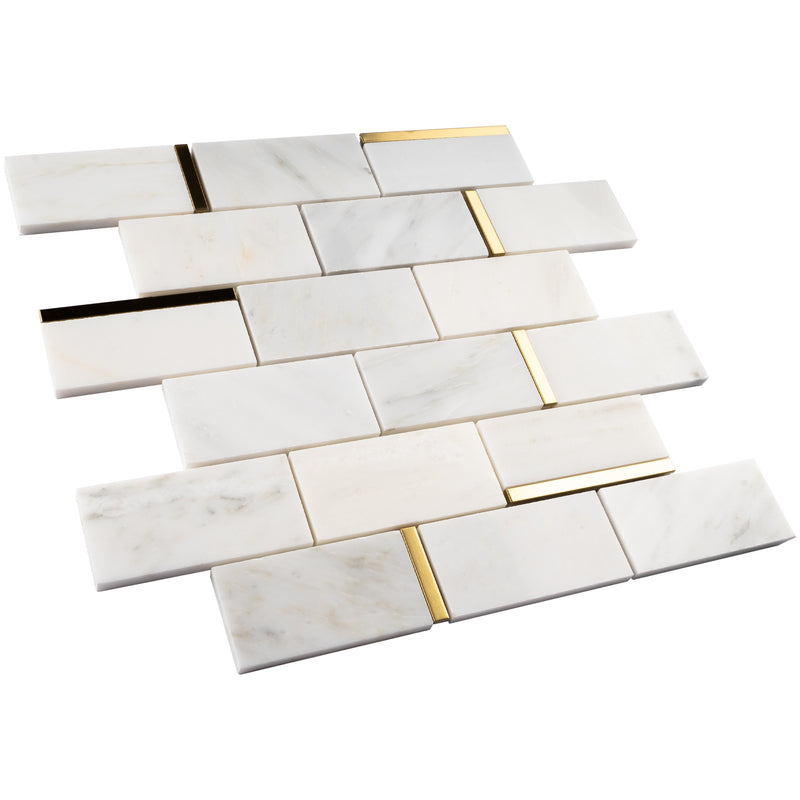 NBG-05  Natural Bianco Series - 2 In. X 4 In. Subway White And Gold  Marble Mosaic Tile