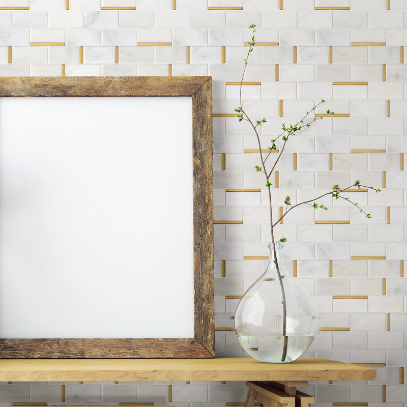 NBG-05  Natural Bianco Series - 2 In. X 4 In. Subway White And Gold  Marble Mosaic Tile