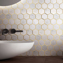 NBG-06  Natural Bianco Series - 3 In. Honeycomb Hexagon White And Gold  Marble Mosaic Tile
