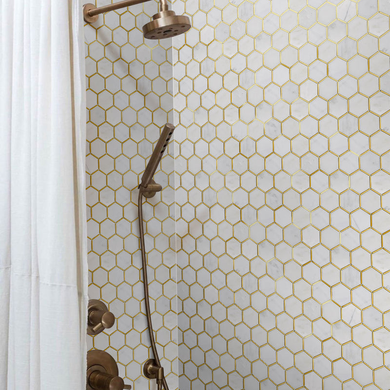 NBG-06  Natural Bianco Series - 3 In. Honeycomb Hexagon White And Gold  Marble Mosaic Tile