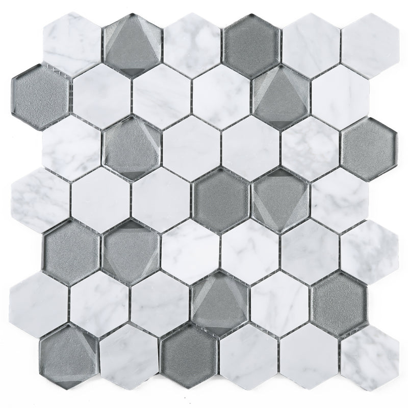 PHAN-04  Phantom Series - Infinity - White Carrara With Grey Glass Mosaic Tile