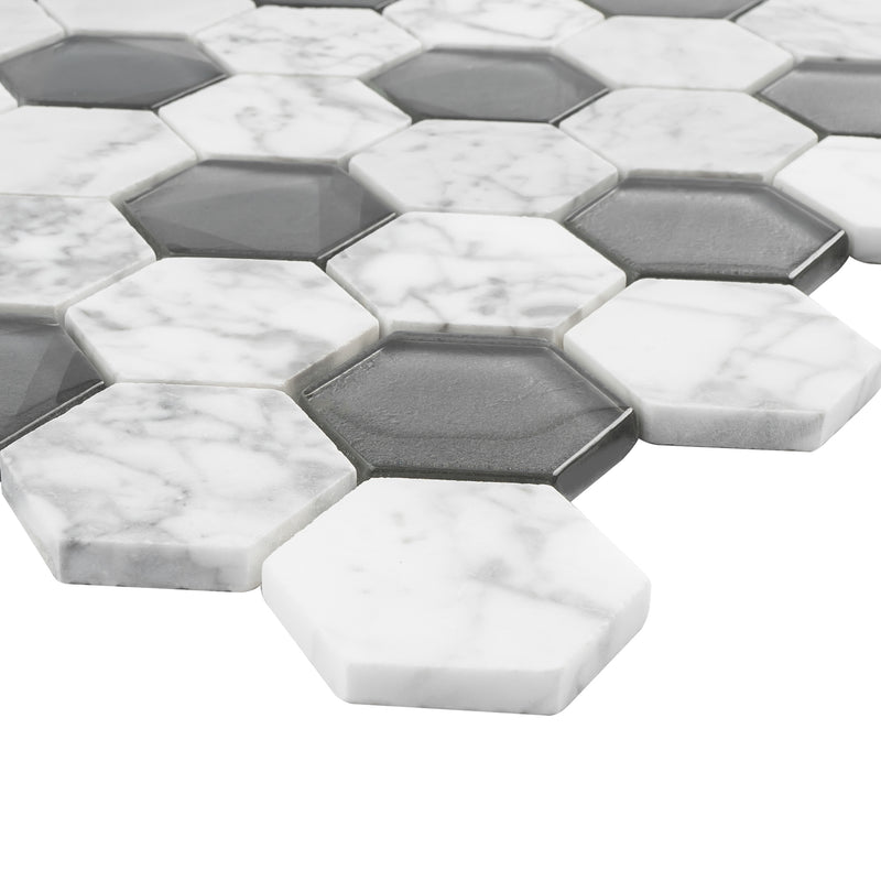 PHAN-04  Phantom Series - Infinity - White Carrara With Grey Glass Mosaic Tile