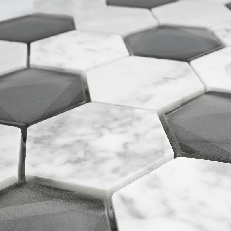 PHAN-04  Phantom Series - Infinity - White Carrara With Grey Glass Mosaic Tile