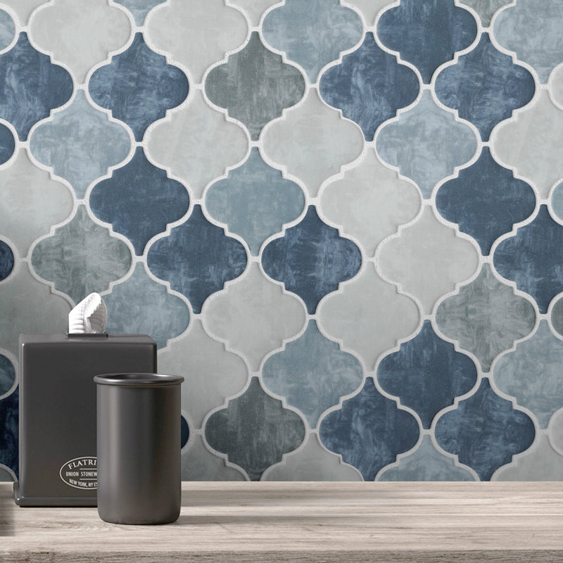 REGL-10  Recycle Glass Blue Arabesque Mosaic Tile