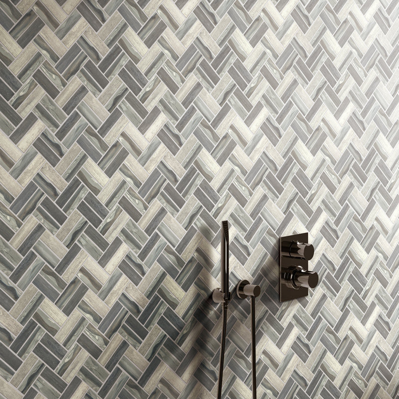 REGL-08  Recycle Glass Grey Herringbone Mosaic Tile