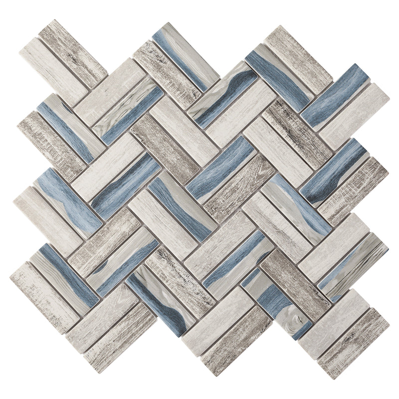 REGL-09  Recycle Glass Blue Herringbone Mosaic Tile