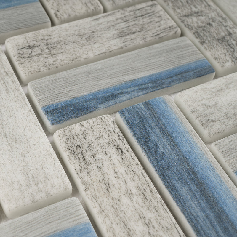 REGL-09  Recycle Glass Blue Herringbone Mosaic Tile