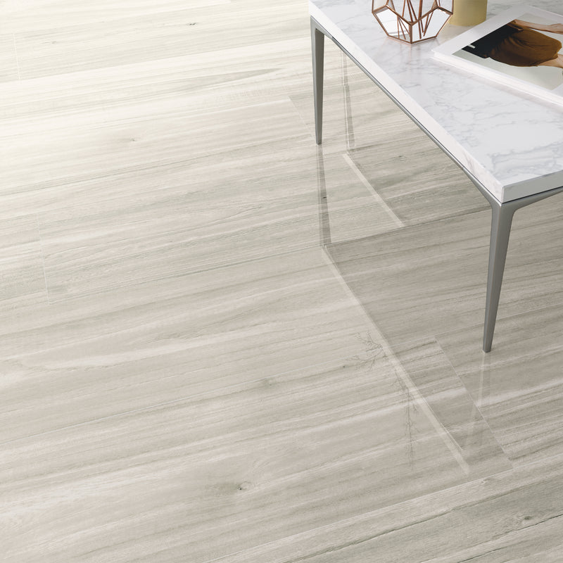 SPAZIO  Ice Wood Look Polished 8"X48" Porcelain Tile 8"X48" Wall & Floor